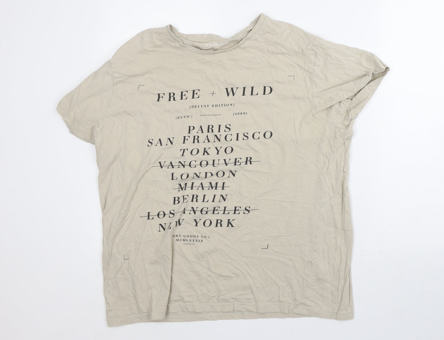 Primark Womens Beige 100% Cotton Basic T-Shirt Size L Round Neck - Free and Wild