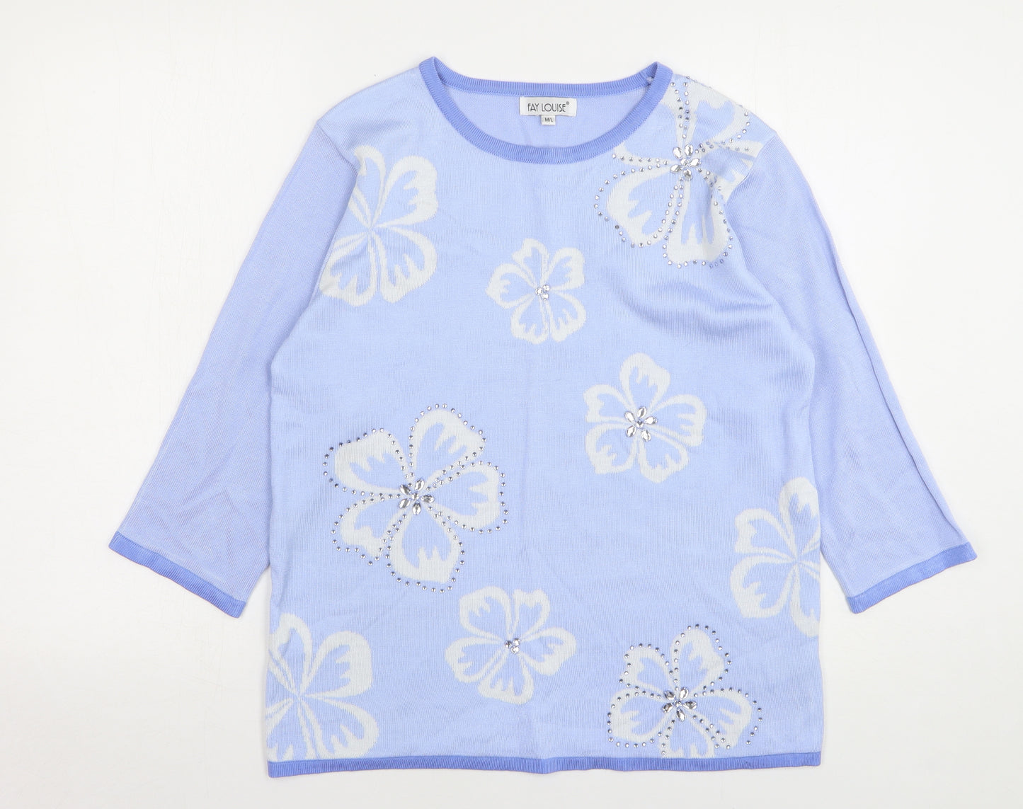Fay Louise Womens Blue Round Neck Floral Acrylic Pullover Jumper Size M