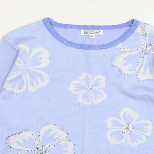 Fay Louise Womens Blue Round Neck Floral Acrylic Pullover Jumper Size M