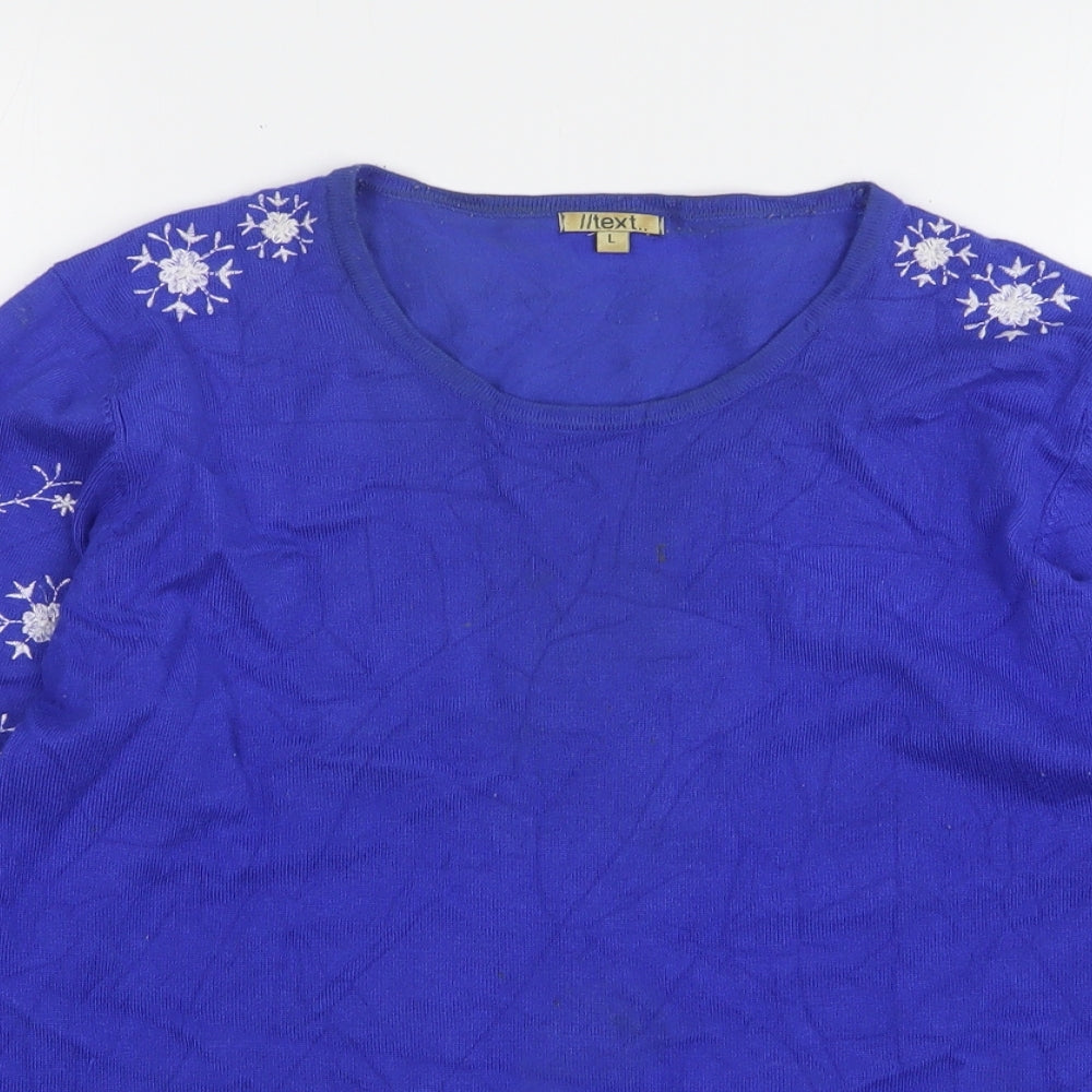 text Womens Blue Round Neck Floral Viscose Pullover Jumper Size L