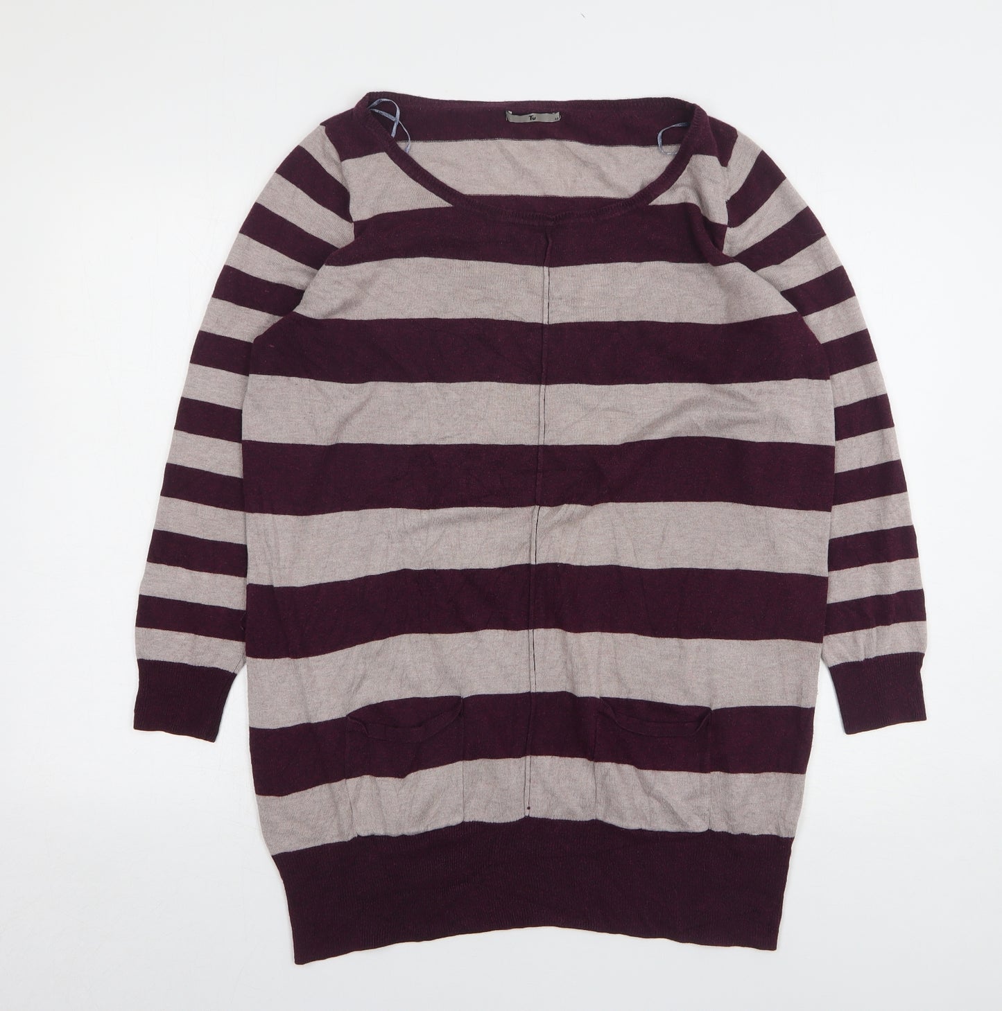 TU Womens Purple Round Neck Striped Viscose Pullover Jumper Size 16