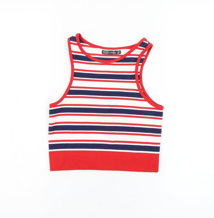 Dunnes Stores Womens White Striped Nylon Basic Tank Size XS Round Neck
