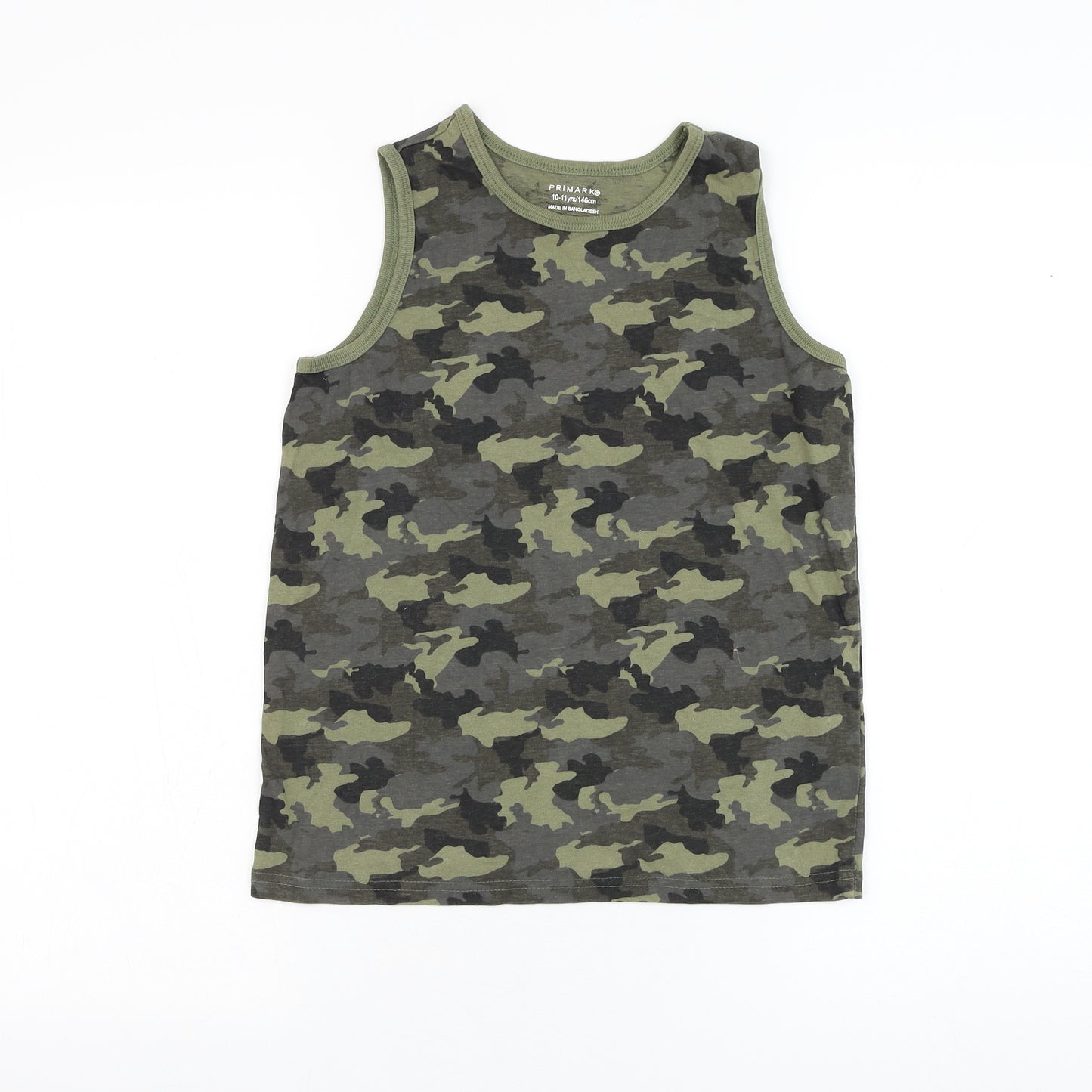 Primark Boys Green Camouflage Cotton Basic Tank Size 10-11 Years Round Neck Pullover