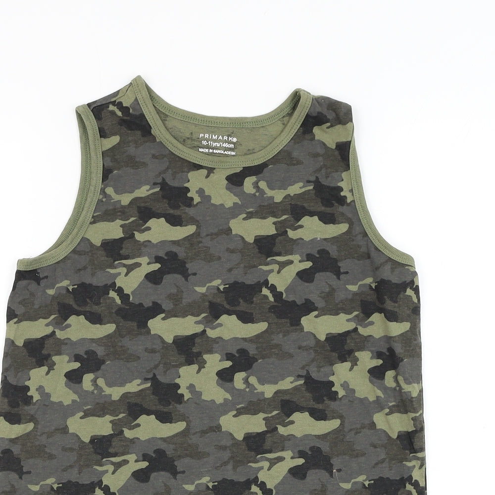 Primark Boys Green Camouflage Cotton Basic Tank Size 10-11 Years Round Neck Pullover