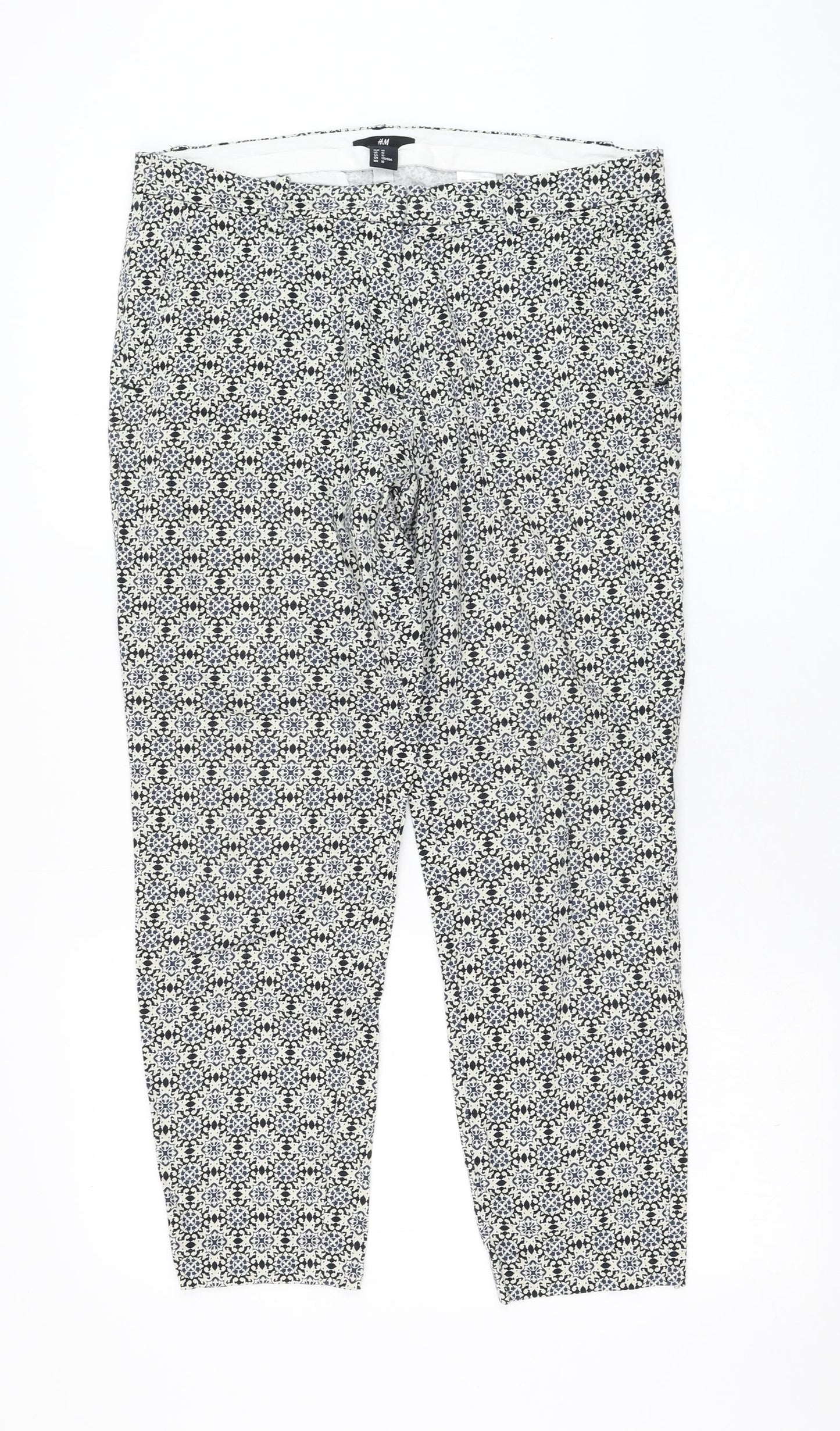 H&M Womens Ivory Geometric Cotton Carrot Trousers Size 12 L26 in Regular Zip