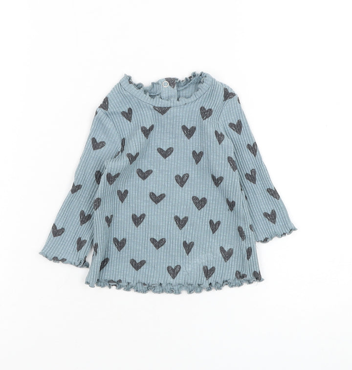 George Girls Blue Cotton Basic T-Shirt Size 3-6 Months Round Neck Pullover - Heart
