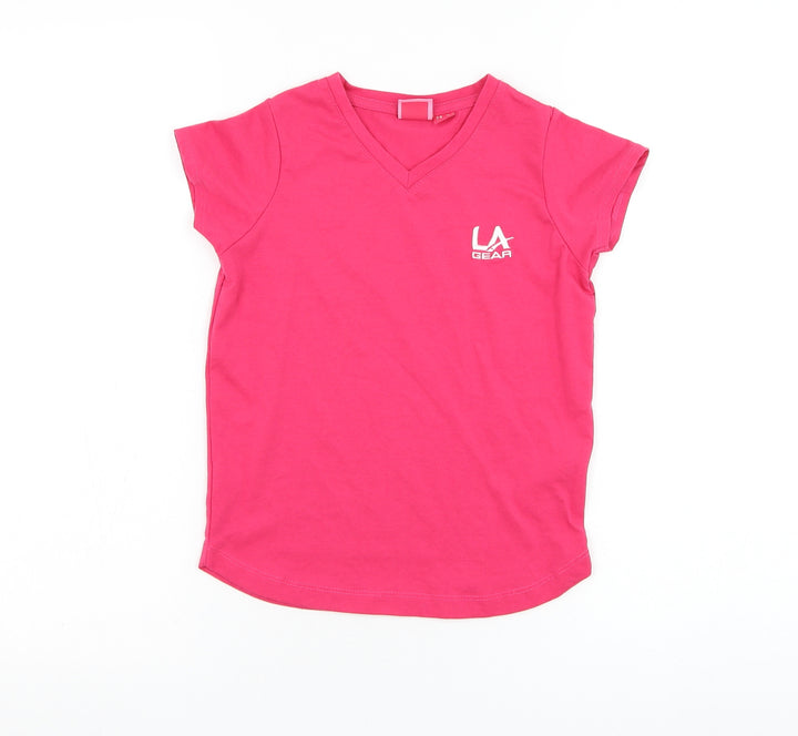 LA Gear Girls Pink Polyester Basic T-Shirt Size 7-8 Years V-Neck Pullover