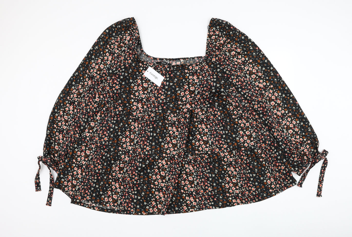 George Womens Black Floral Polyester Basic Blouse Size 22 Square Neck