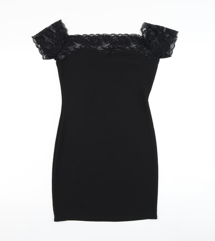 Preworn Womens Black Polyester Pencil Dress Size S Square Neck Pullover