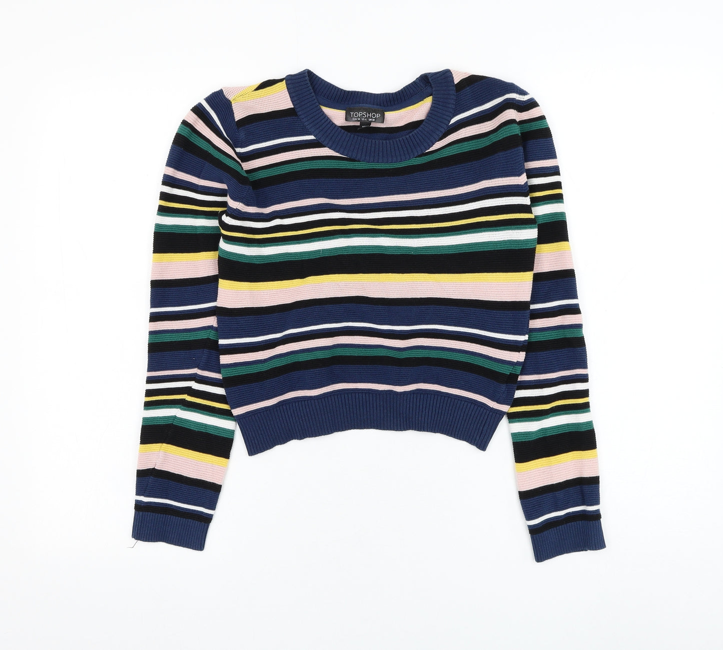 Topshop Womens Blue Round Neck Striped Cotton Pullover Jumper Size 10