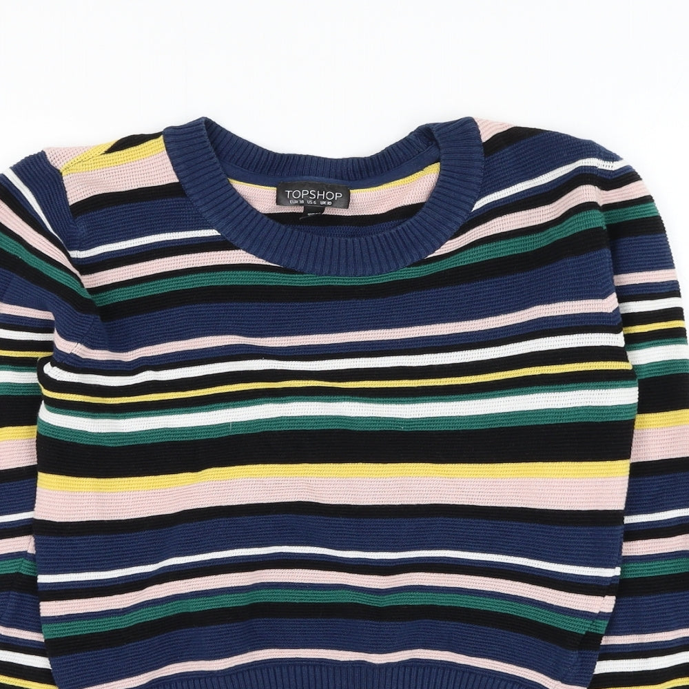 Topshop Womens Blue Round Neck Striped Cotton Pullover Jumper Size 10