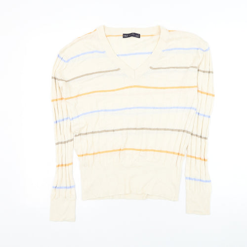 Marks and Spencer Womens Beige V-Neck Striped Polyester Pullover Jumper Size S