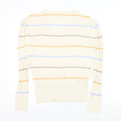 Marks and Spencer Womens Beige V-Neck Striped Polyester Pullover Jumper Size S