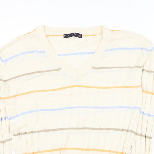 Marks and Spencer Womens Beige V-Neck Striped Polyester Pullover Jumper Size S