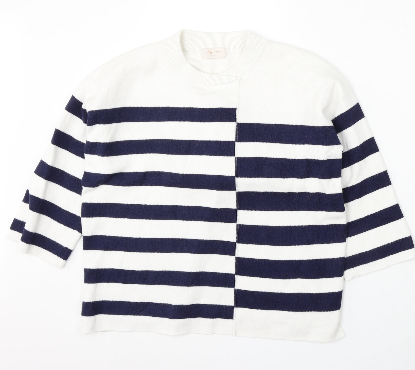 TU Womens White Round Neck Striped Viscose Pullover Jumper Size 14