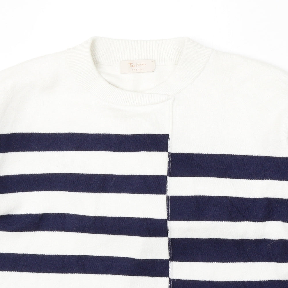 TU Womens White Round Neck Striped Viscose Pullover Jumper Size 14