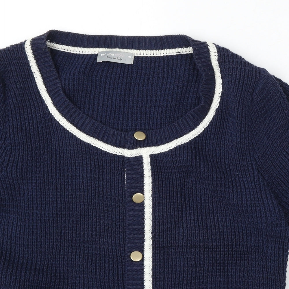 Per Una Womens Blue Round Neck Cotton Cardigan Jumper Size M