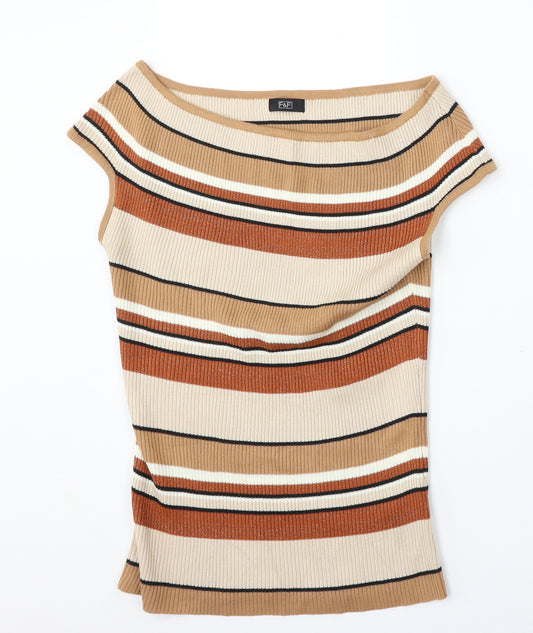 Front view of F&F women’s multicoloured round neck striped acrylic vest jumper, size UK 14