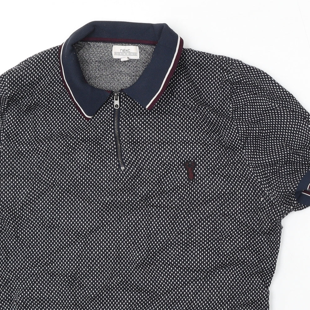 NEXT Mens Blue Geometric Cotton Polo Size S Collared Button