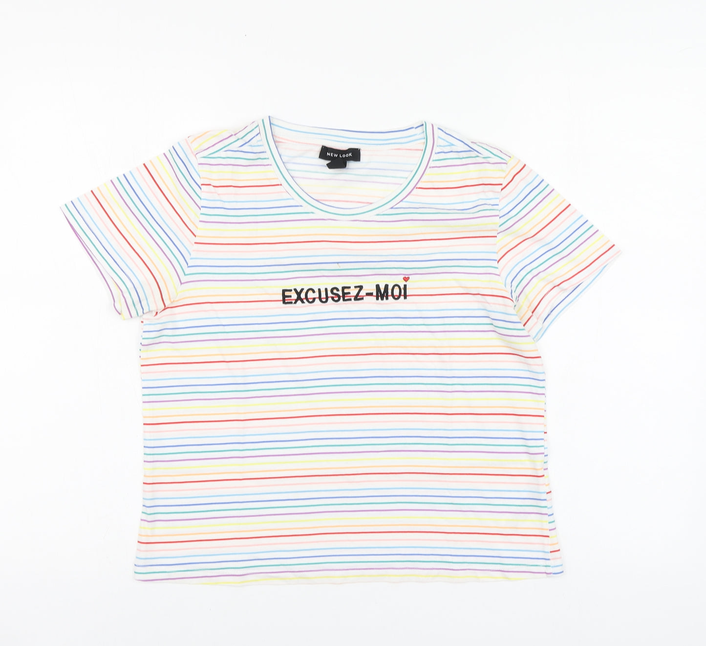New Look Womens Multicoloured Striped Cotton Basic T-Shirt Size 12 Round Neck
