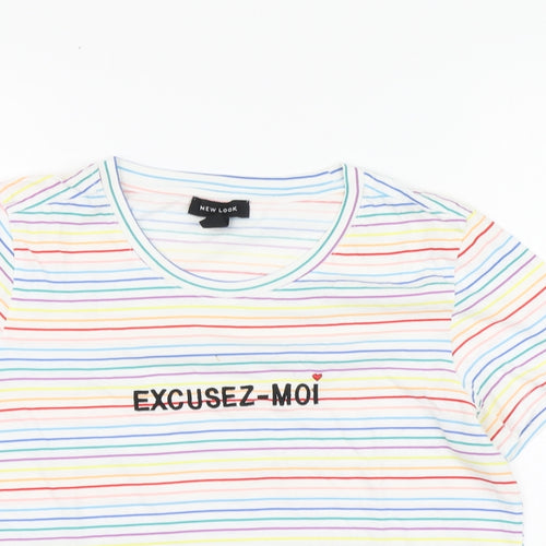 New Look Womens Multicoloured Striped Cotton Basic T-Shirt Size 12 Round Neck