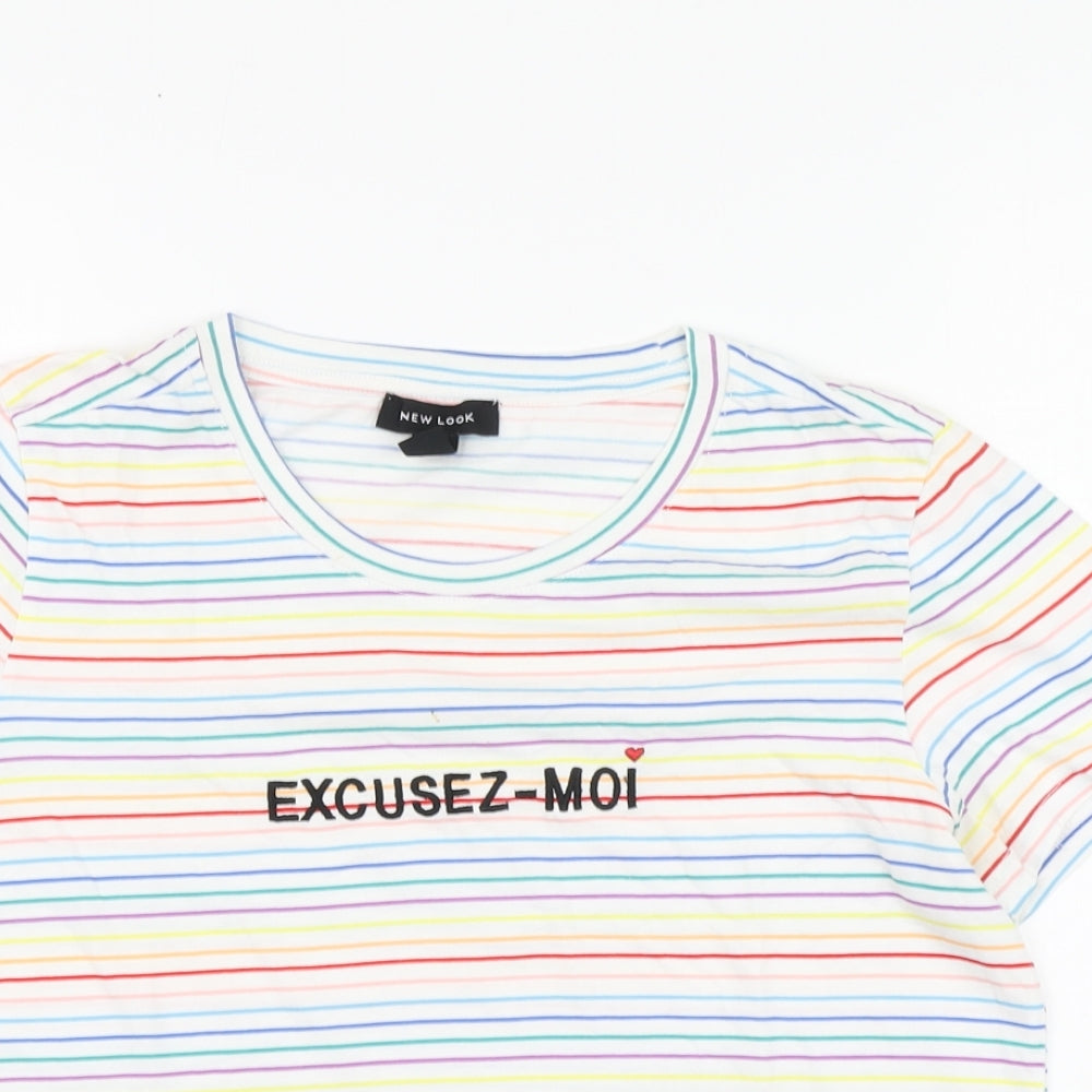 New Look Womens Multicoloured Striped Cotton Basic T-Shirt Size 12 Round Neck