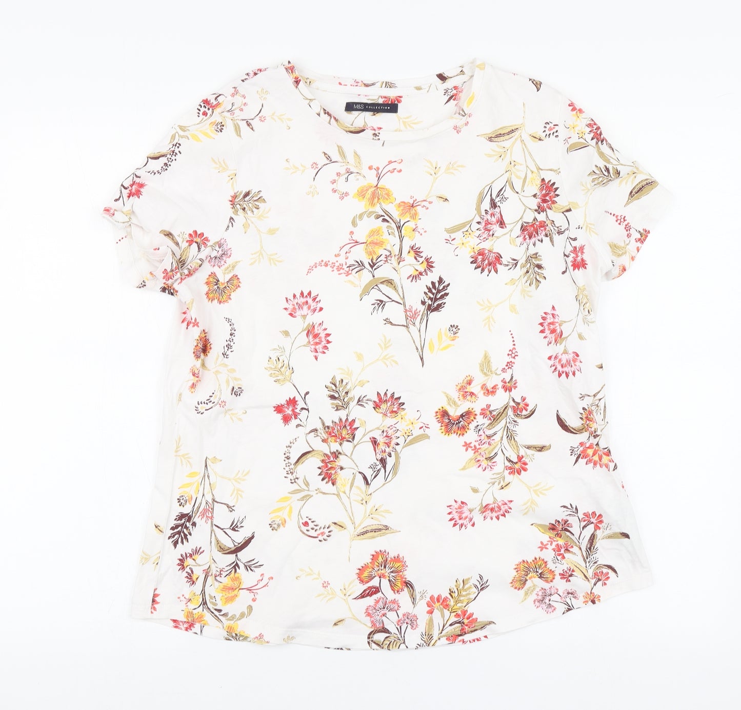 Marks and Spencer Womens White Floral Cotton Basic T-Shirt Size 12 Round Neck
