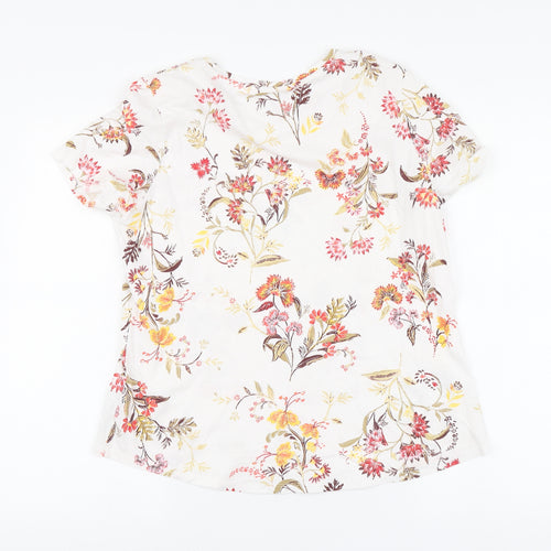 Marks and Spencer Womens White Floral Cotton Basic T-Shirt Size 12 Round Neck