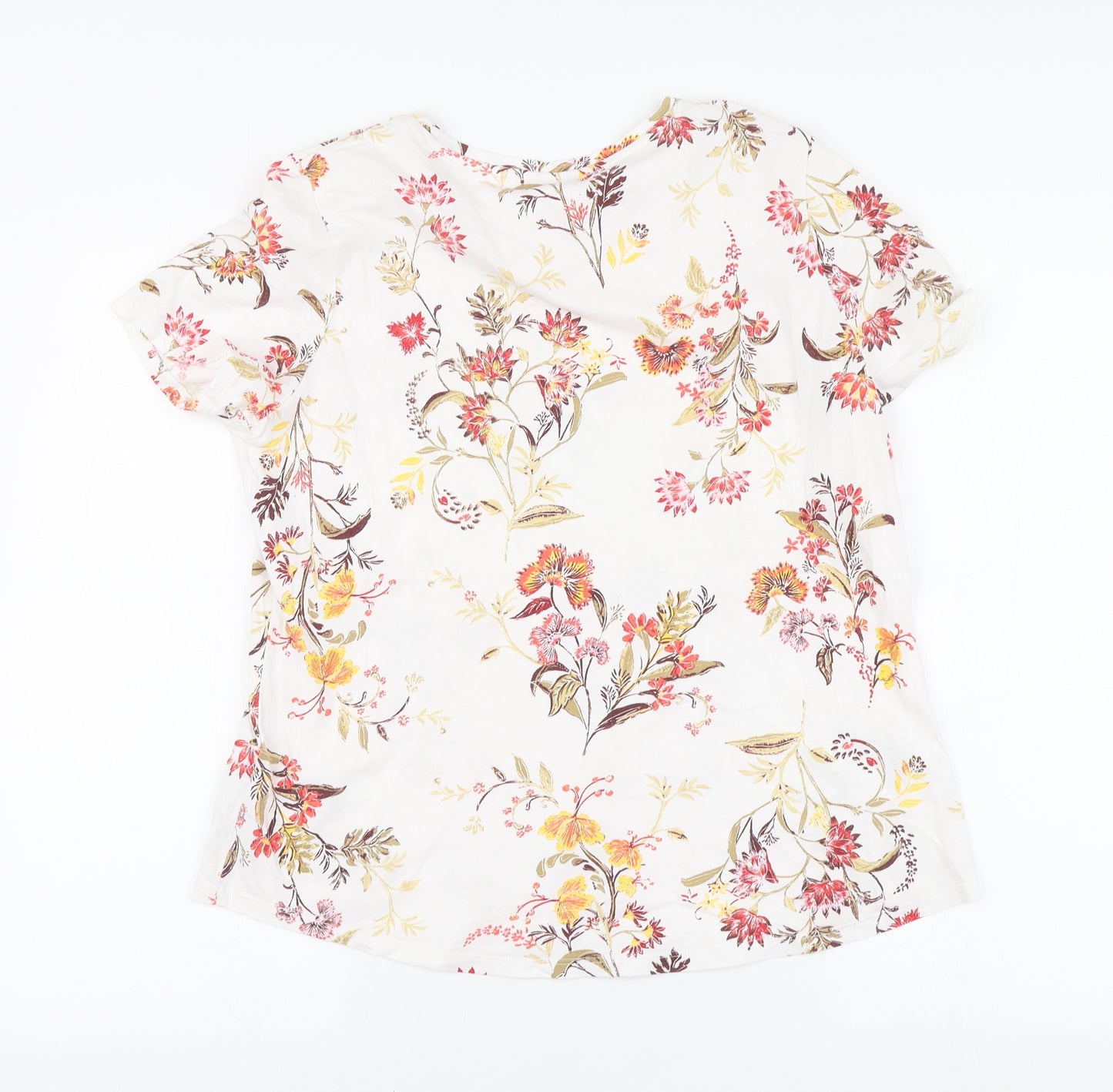 Marks and Spencer Womens White Floral Cotton Basic T-Shirt Size 12 Round Neck