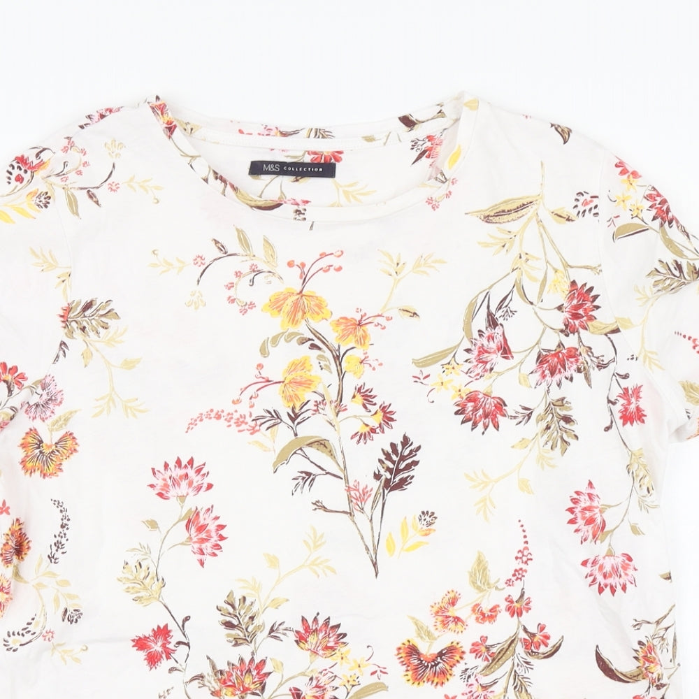 Marks and Spencer Womens White Floral Cotton Basic T-Shirt Size 12 Round Neck
