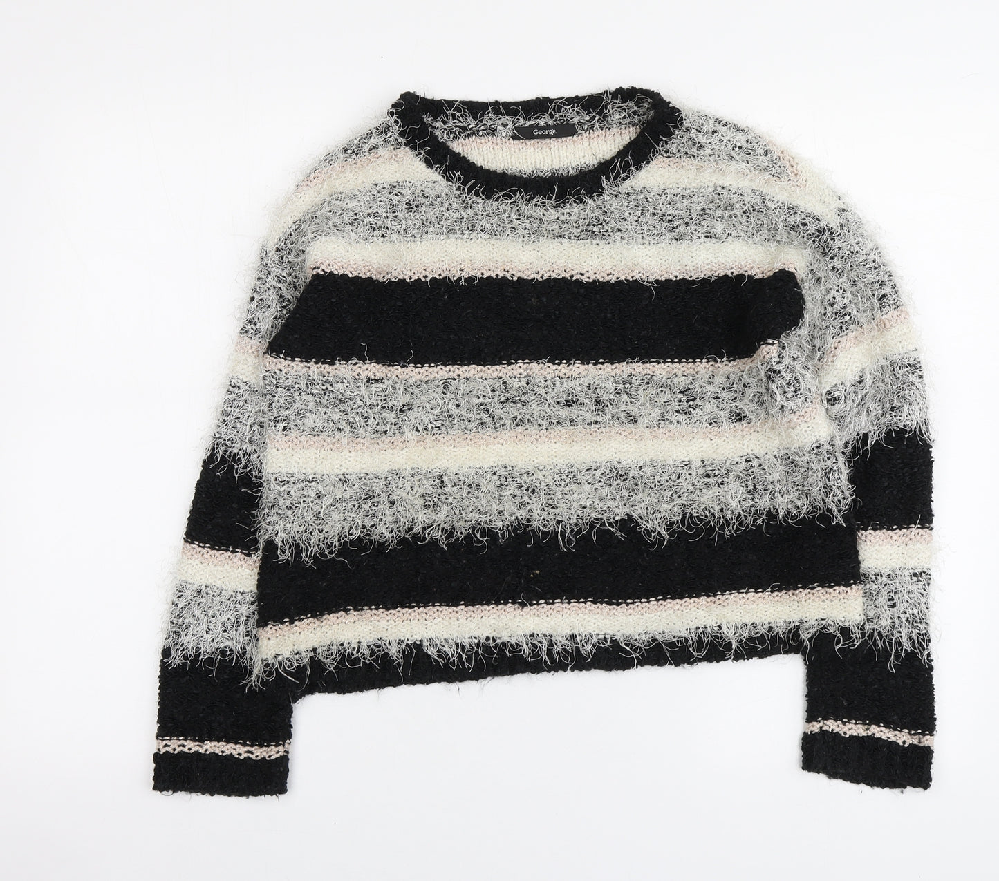 George Womens Black Round Neck Striped Polyester Pullover Jumper Size 10