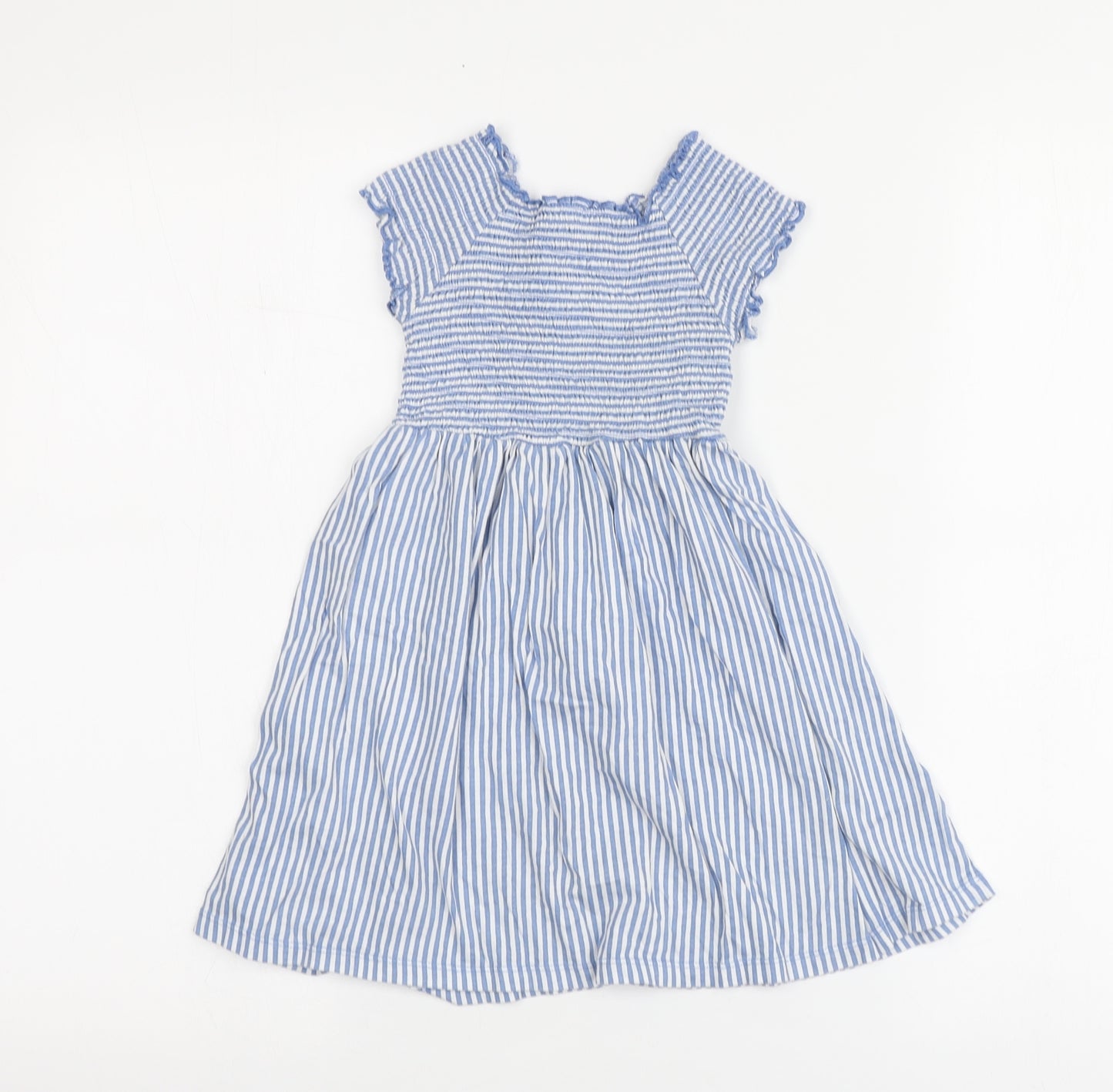 Dunnes# Girls Blue Striped Cotton Skater Dress Size 3-4 Years Round Neck