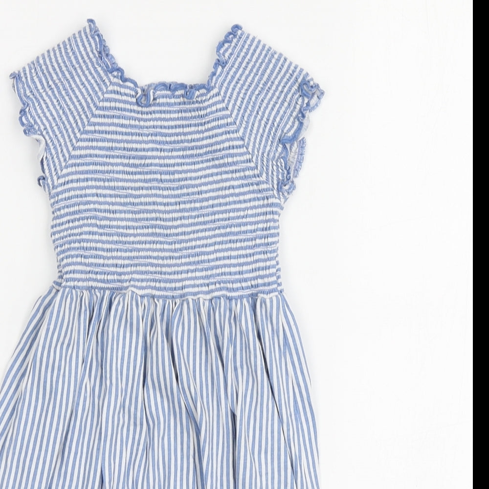 Dunnes# Girls Blue Striped Cotton Skater Dress Size 3-4 Years Round Neck