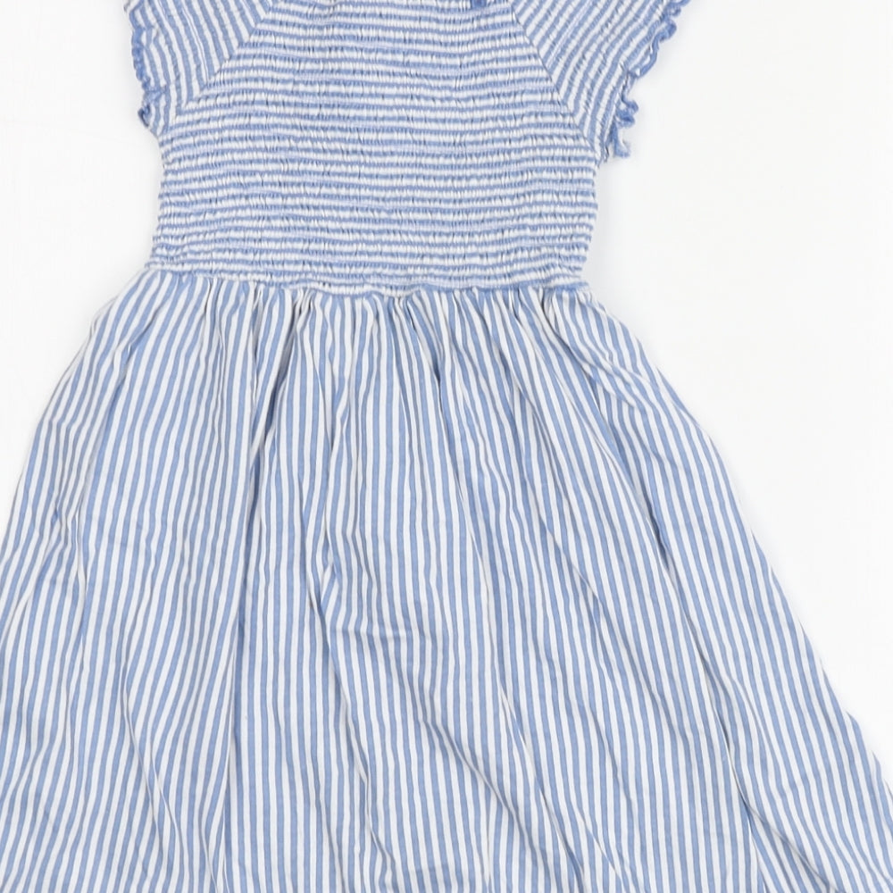 Dunnes# Girls Blue Striped Cotton Skater Dress Size 3-4 Years Round Neck