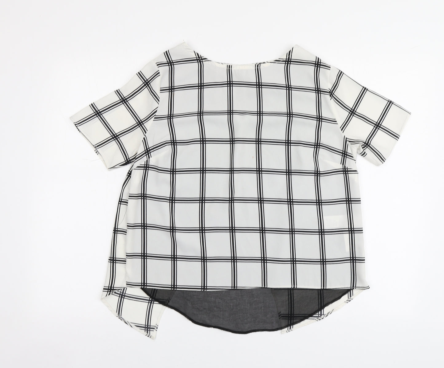 New Look Womens White Plaid Polyester Basic Blouse Size 10 Round Neck