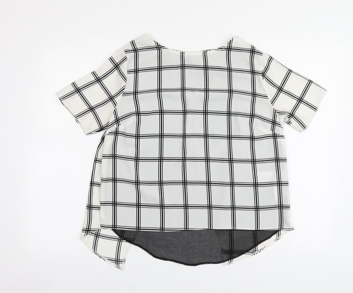 New Look Womens White Plaid Polyester Basic Blouse Size 10 Round Neck