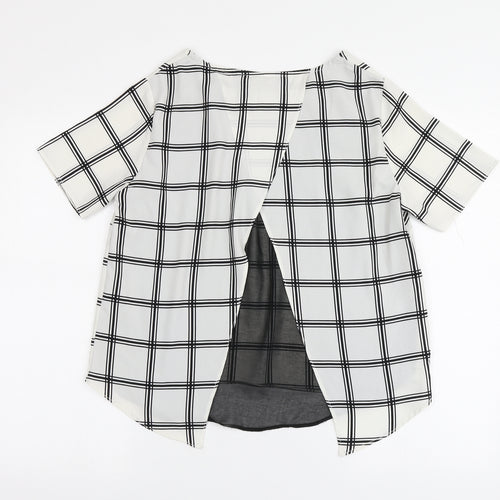 New Look Womens White Plaid Polyester Basic Blouse Size 10 Round Neck