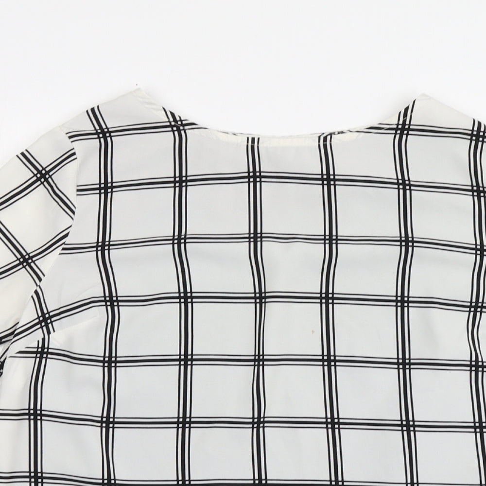 New Look Womens White Plaid Polyester Basic Blouse Size 10 Round Neck