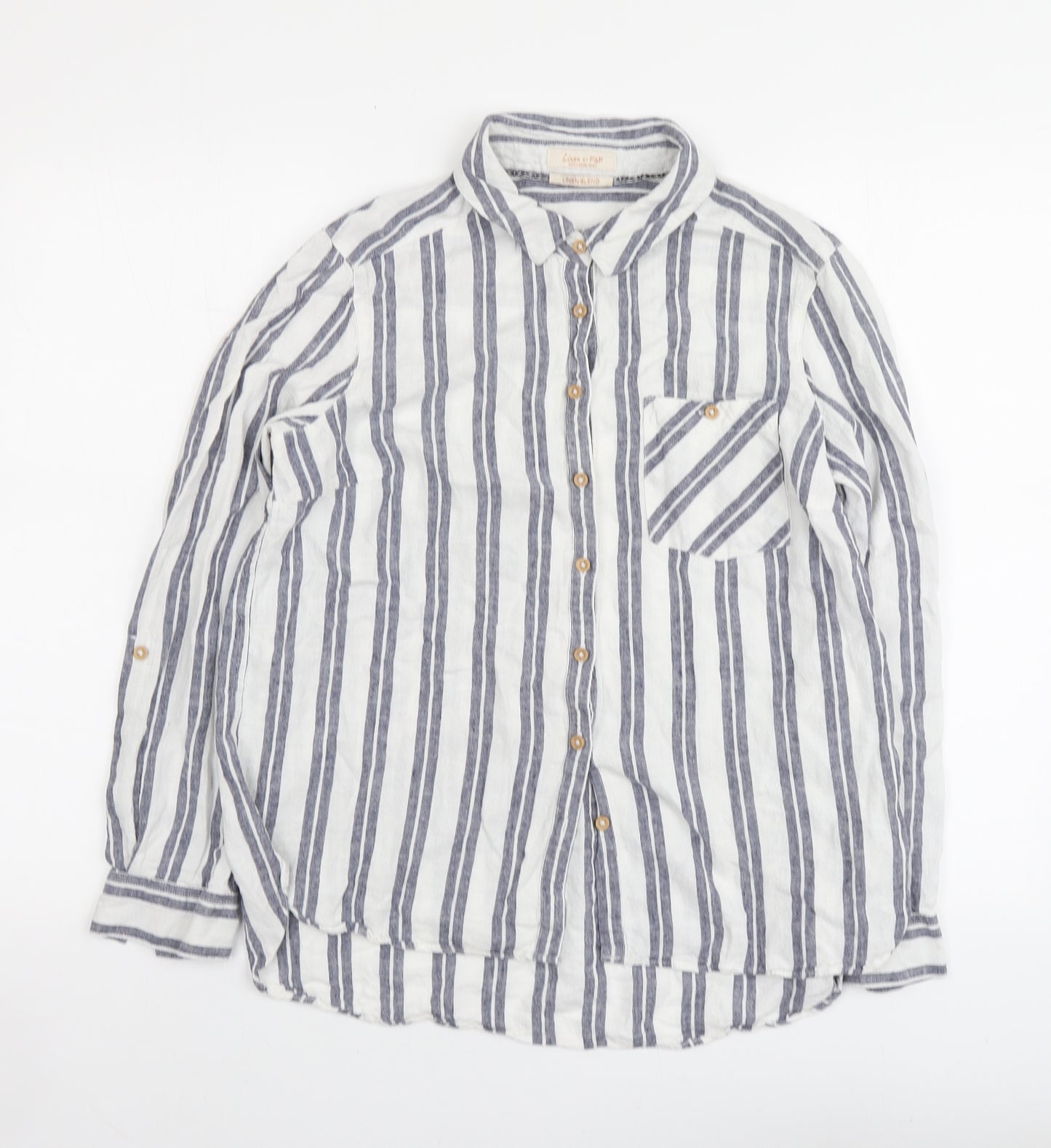 F&F Womens Blue Striped Linen Basic Button-Up Size 14 Collared