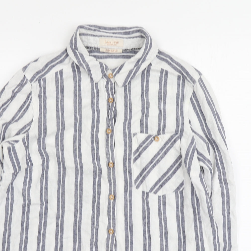 F&F Womens Blue Striped Linen Basic Button-Up Size 14 Collared