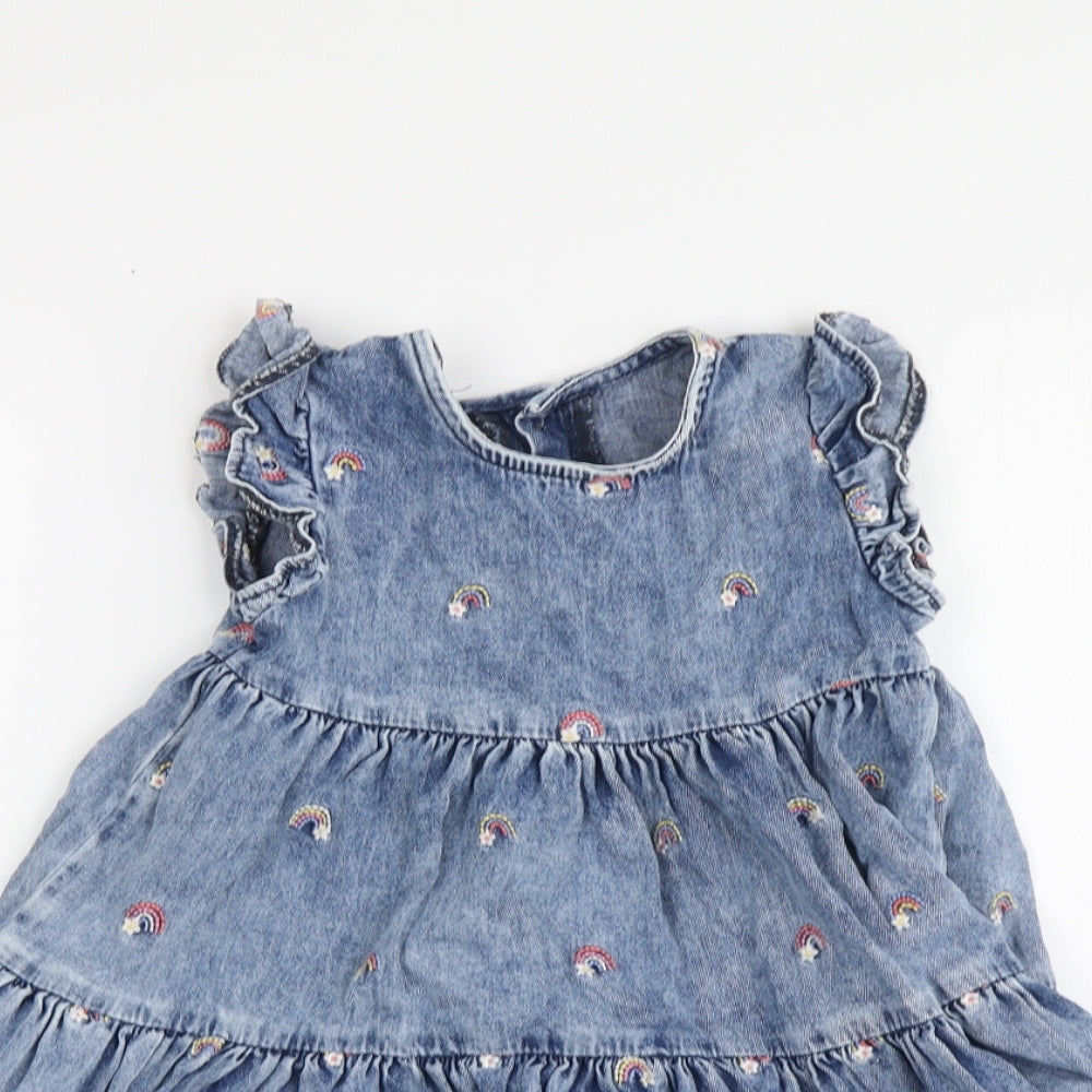 George Girls Blue Geometric Cotton Skater Dress Size 3-4 Years Round Neck - Rainbow