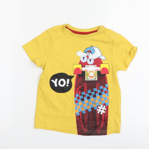 F&F Boys Yellow Cotton Basic T-Shirt Size 2-3 Years Round Neck - Skateboard