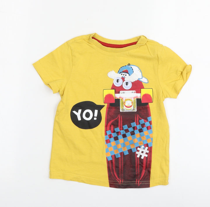 F&F Boys Yellow Cotton Basic T-Shirt Size 2-3 Years Round Neck - Skateboard