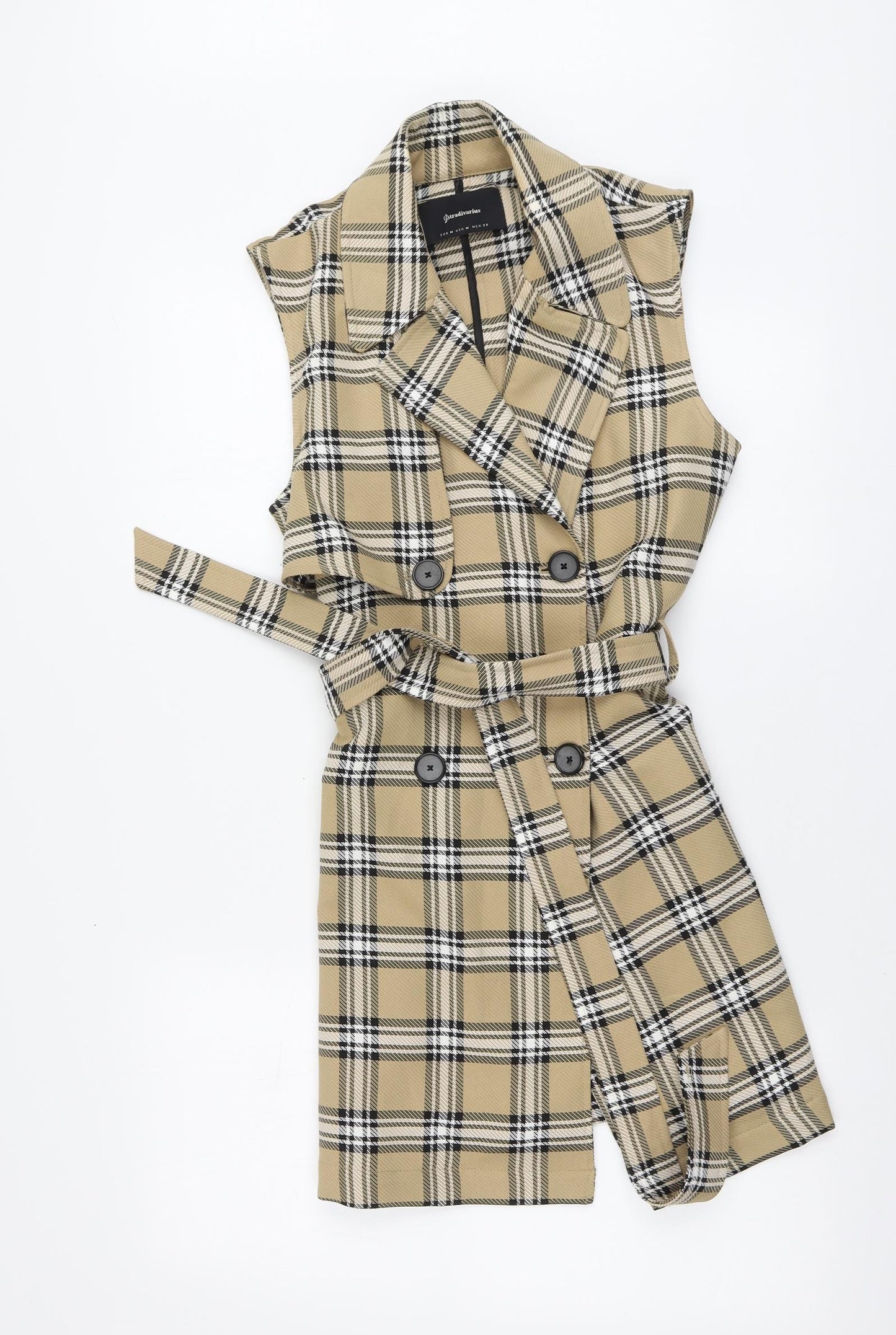 Stradivarius Womens Brown Plaid Polyester A-Line Size M V-Neck