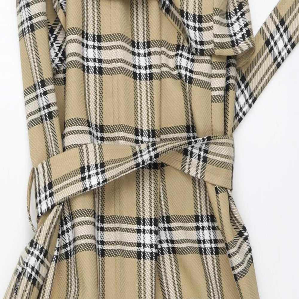Stradivarius Womens Brown Plaid Polyester A-Line Size M V-Neck