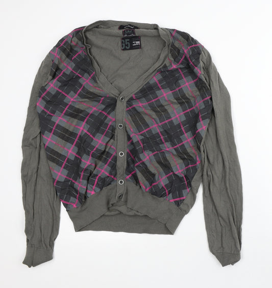 Front view of River Island men’s green v-neck geometric cotton cardigan jumper, size L