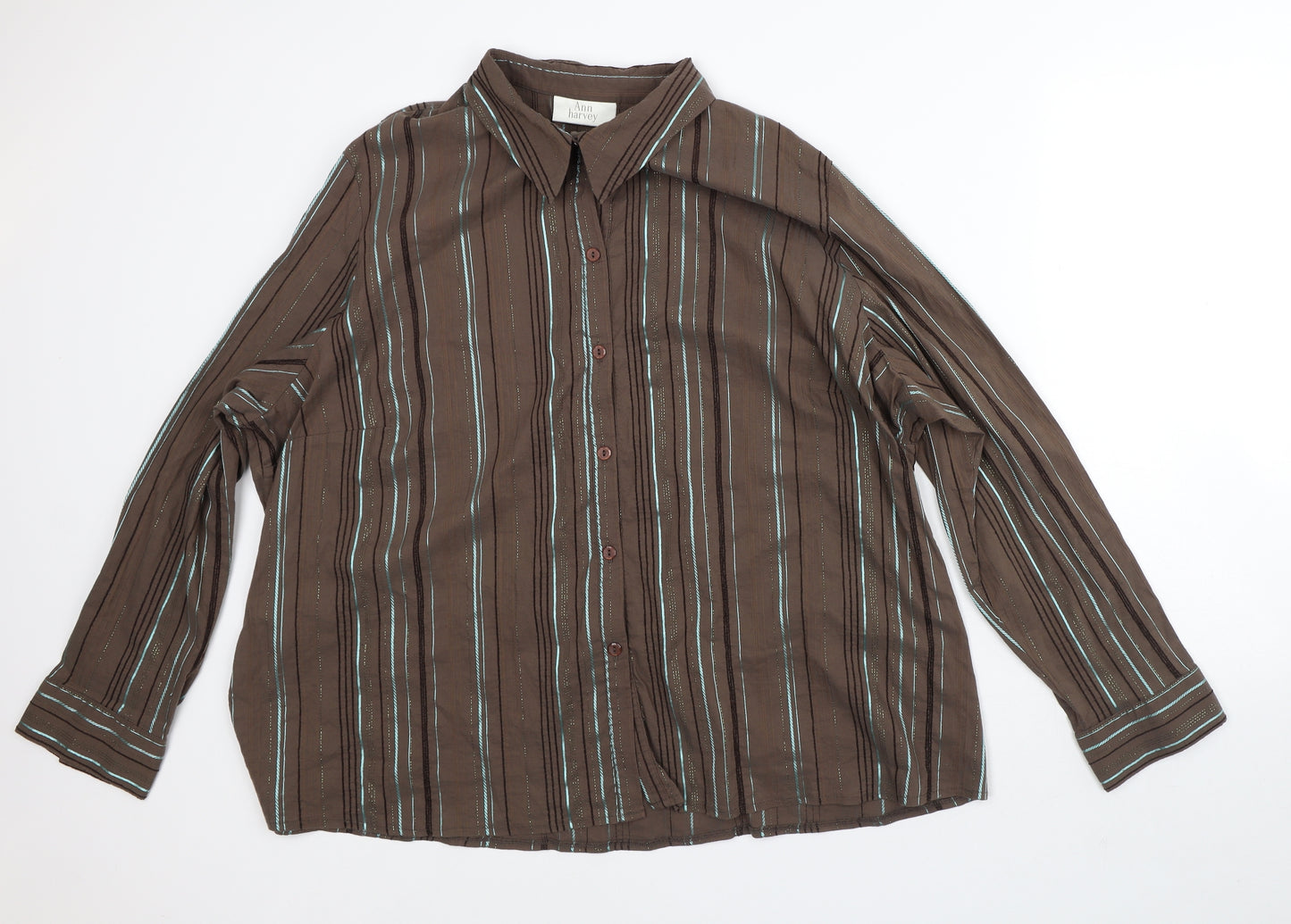 Ann Harvey Womens Brown Striped Cotton Basic Button-Up Size 28 Collared