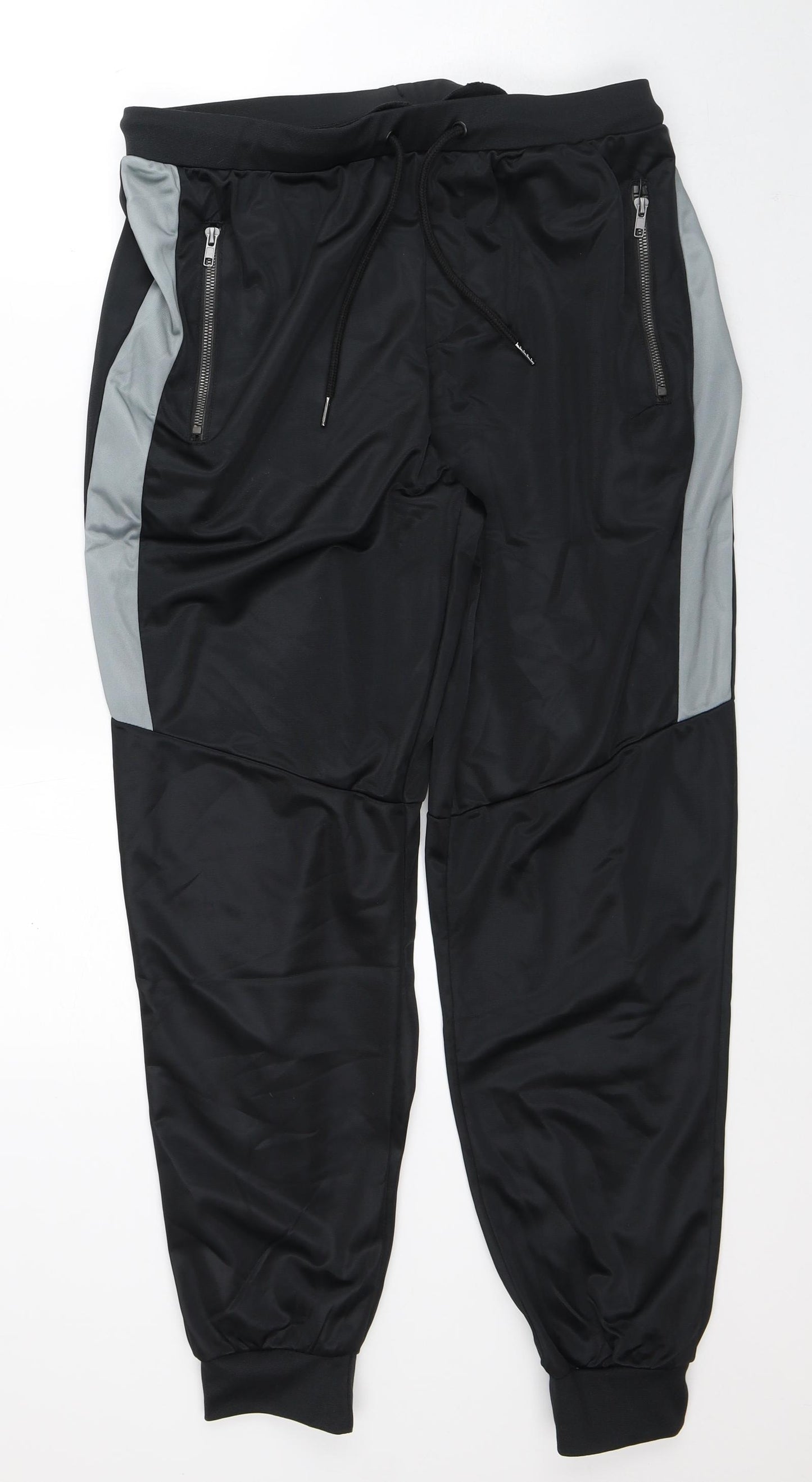 Preworn Mens Black Striped Polyester Track Pants Trousers Size L L30 in Regular