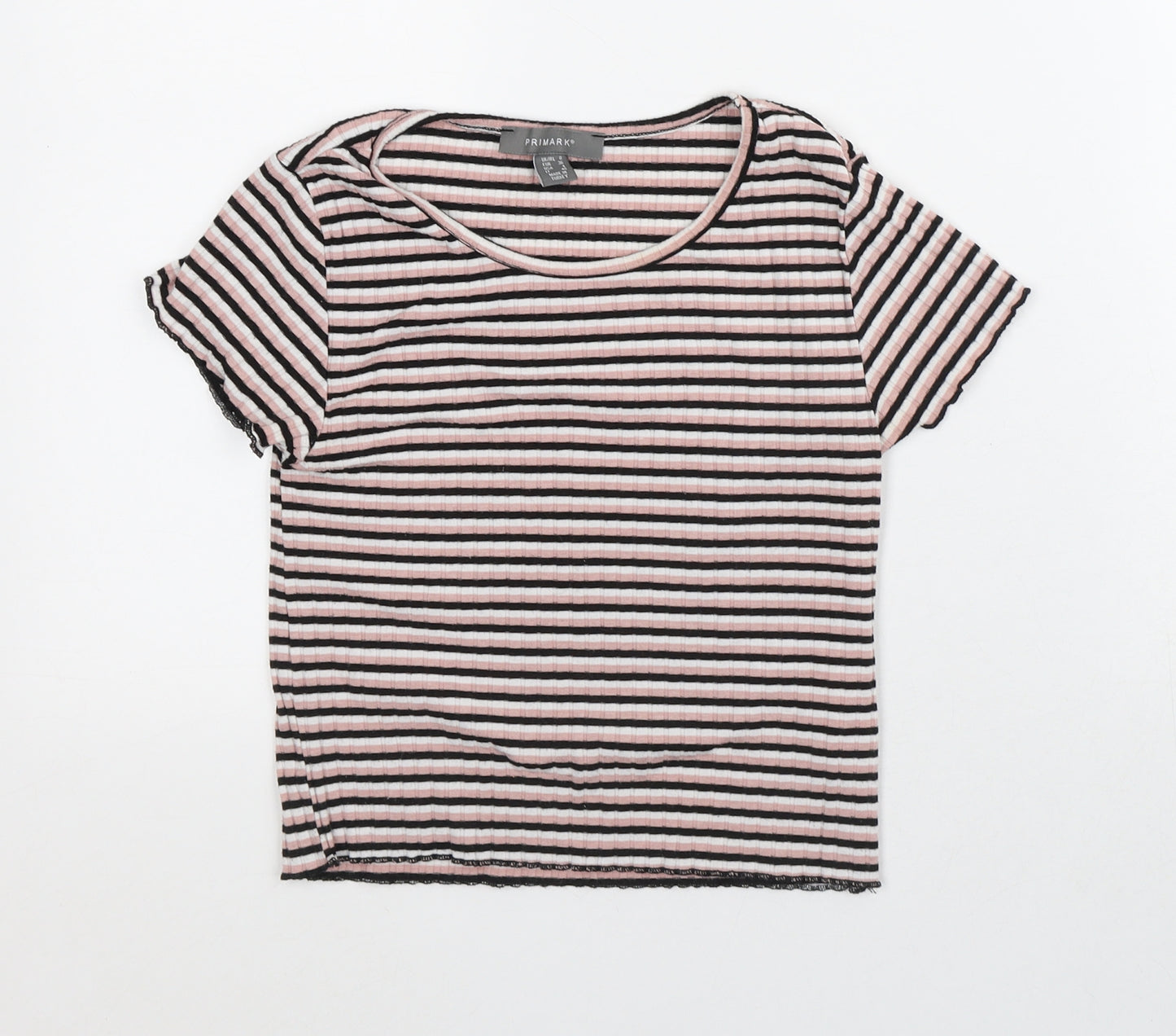 Primark Womens Pink Striped Polyester Basic Blouse Size 8 Scoop Neck