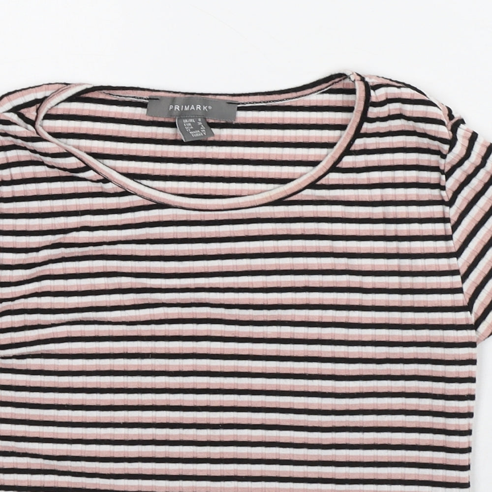 Primark Womens Pink Striped Polyester Basic Blouse Size 8 Scoop Neck
